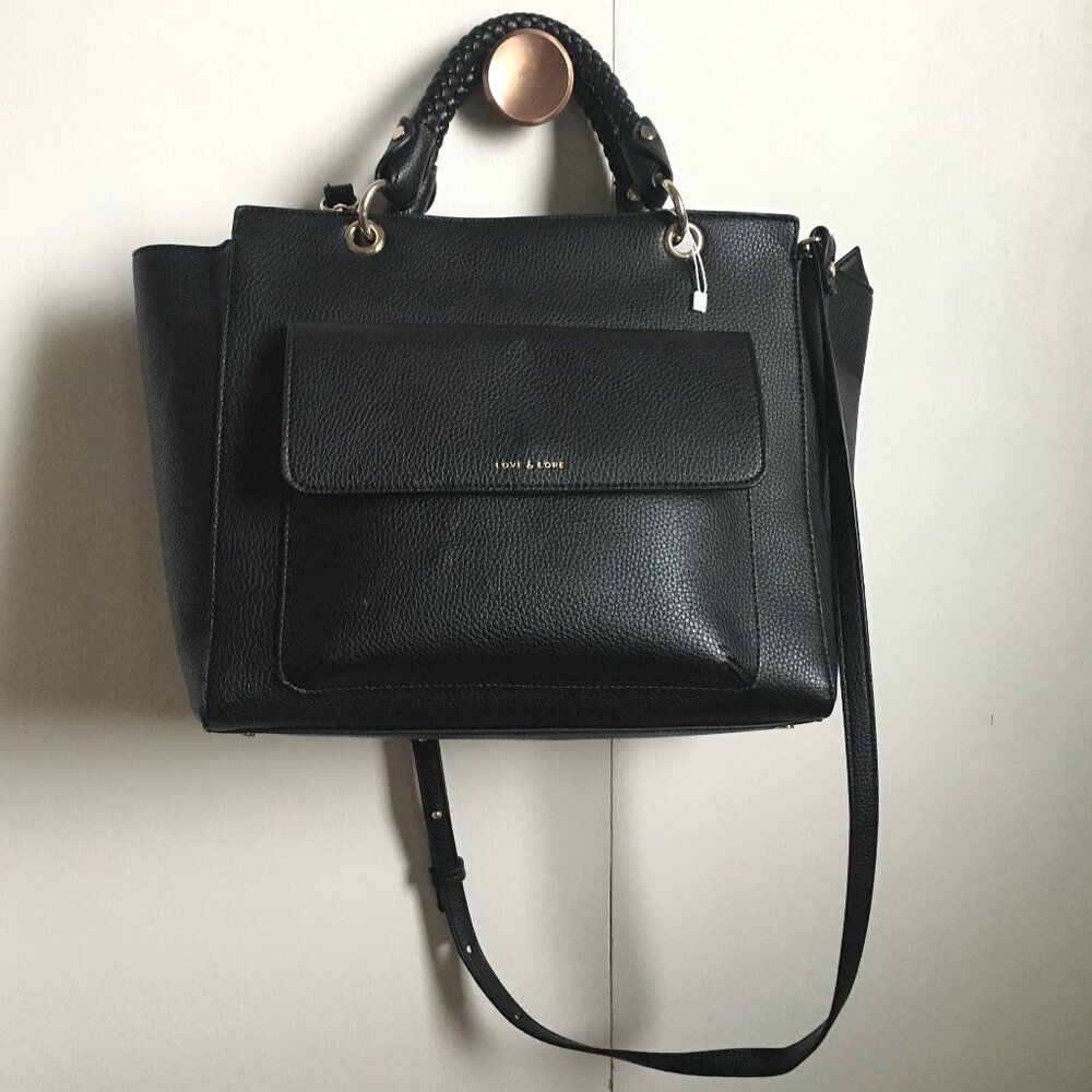 Love & Lore Black Pebbled Shoulder Tote Bag Vegan Leather NWOT